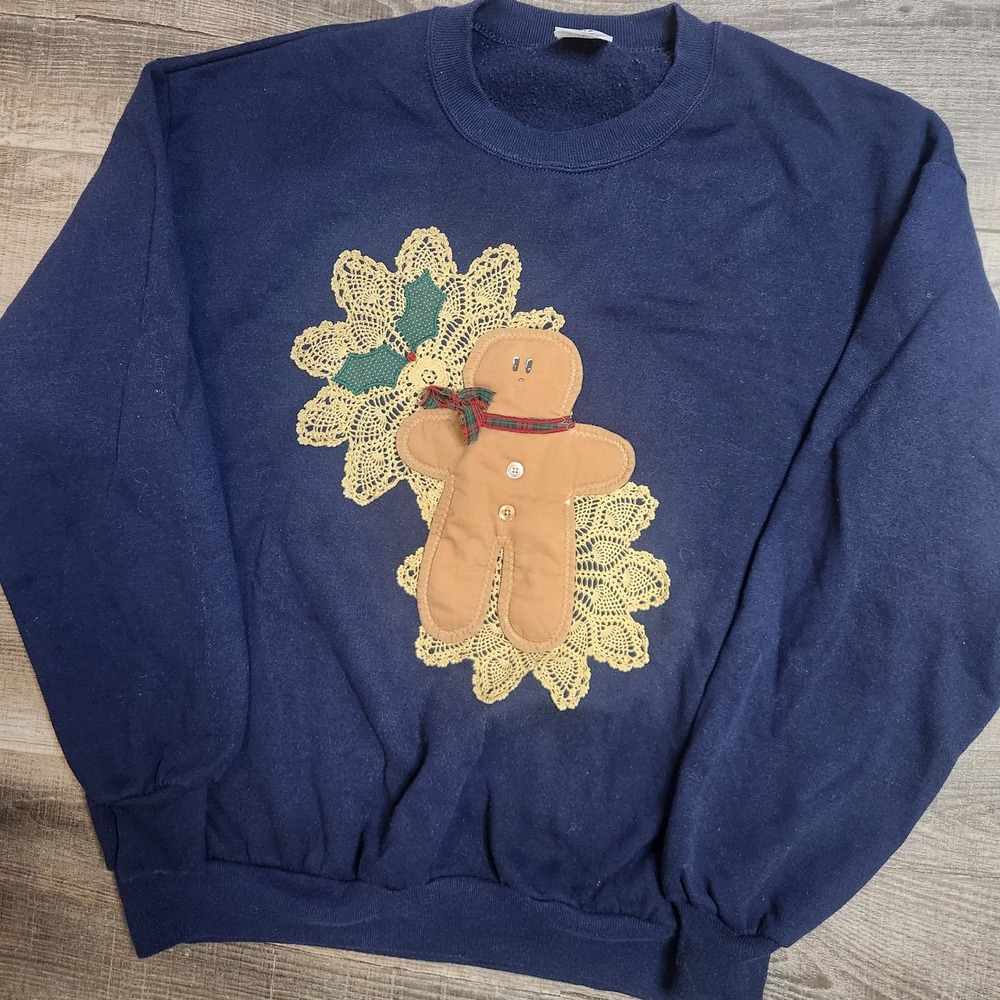 Jerzees Gingerbread Sweatshirt Womens XL Navy Good Vintage Lace Christmas OOAK